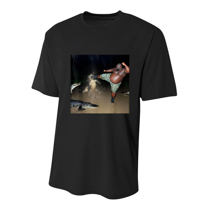 Man Kicking Alligator In Swamp Funny Oddly Specific Meme Youth Performance Sprint T-Shirt