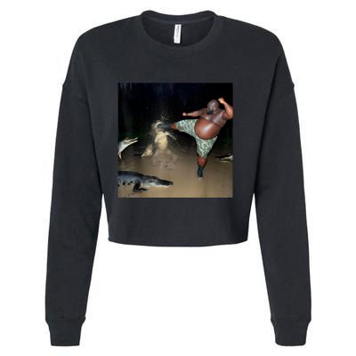 Man Kicking Alligator In Swamp Funny Oddly Specific Meme Cropped Pullover Crew