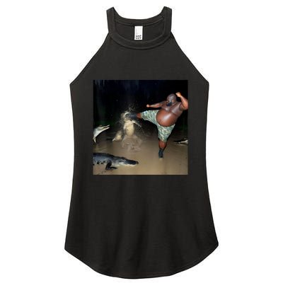 Man Kicking Alligator In Swamp Funny Oddly Specific Meme Women's Perfect Tri Rocker Tank