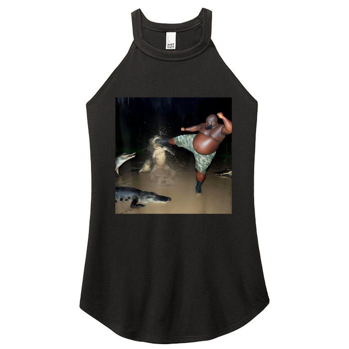 Man Kicking Alligator In Swamp Funny Oddly Specific Meme Women's Perfect Tri Rocker Tank