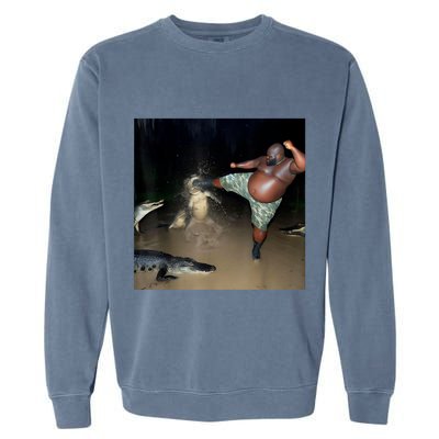 Man Kicking Alligator In Swamp Funny Oddly Specific Meme Garment-Dyed Sweatshirt