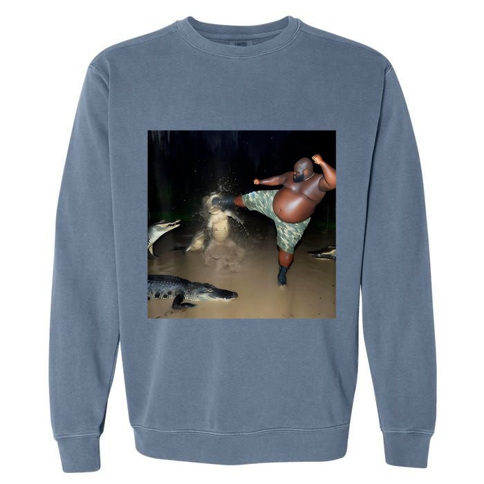 Man Kicking Alligator In Swamp Funny Oddly Specific Meme Garment-Dyed Sweatshirt