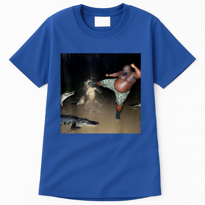 Man Kicking Alligator In Swamp Funny Oddly Specific Meme Tall T-Shirt