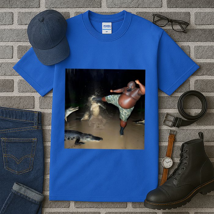Man Kicking Alligator In Swamp Funny Oddly Specific Meme Tall T-Shirt