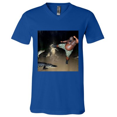 Man Kicking Alligator In Swamp Funny Oddly Specific Meme V-Neck T-Shirt