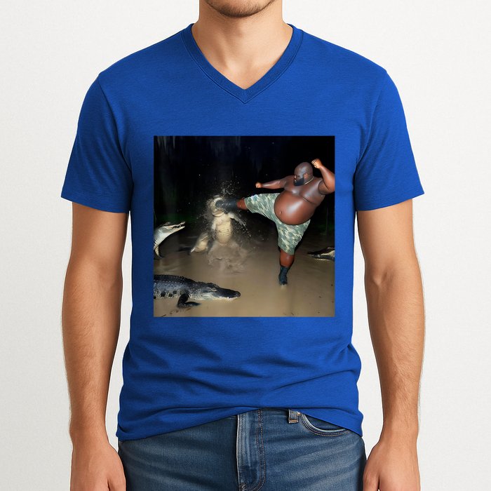 Man Kicking Alligator In Swamp Funny Oddly Specific Meme V-Neck T-Shirt