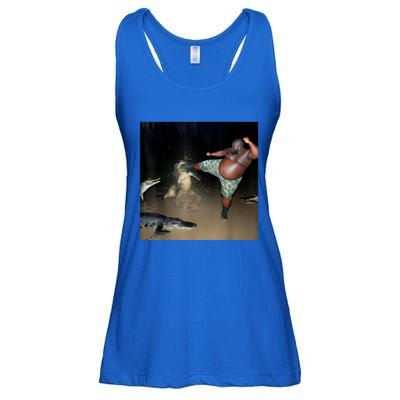 Man Kicking Alligator In Swamp Funny Oddly Specific Meme Ladies Essential Flowy Tank