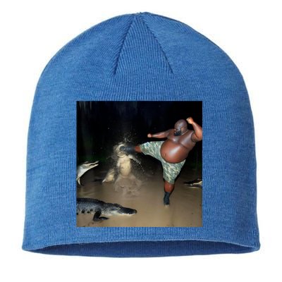 Man Kicking Alligator In Swamp Funny Oddly Specific Meme Sustainable Beanie