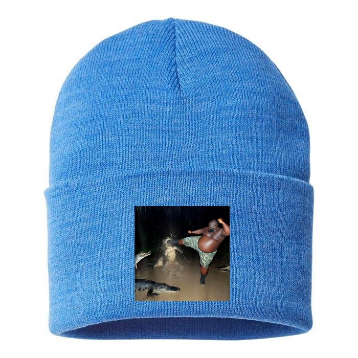 Man Kicking Alligator In Swamp Funny Oddly Specific Meme Sustainable Knit Beanie