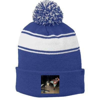 Man Kicking Alligator In Swamp Funny Oddly Specific Meme Stripe Pom Pom Beanie