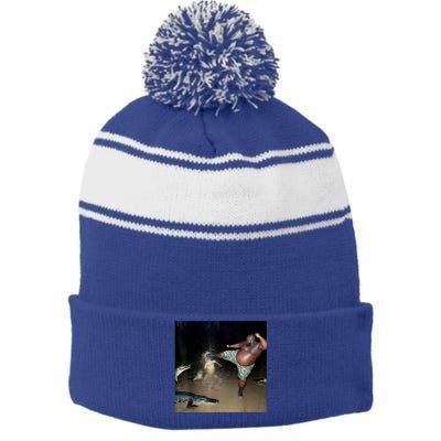 Man Kicking Alligator In Swamp Funny Oddly Specific Meme Stripe Pom Pom Beanie