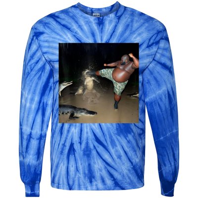 Man Kicking Alligator In Swamp Funny Oddly Specific Meme Tie-Dye Long Sleeve Shirt
