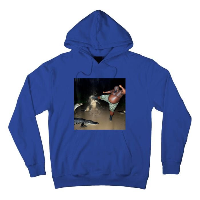 Man Kicking Alligator In Swamp Funny Oddly Specific Meme Tall Hoodie