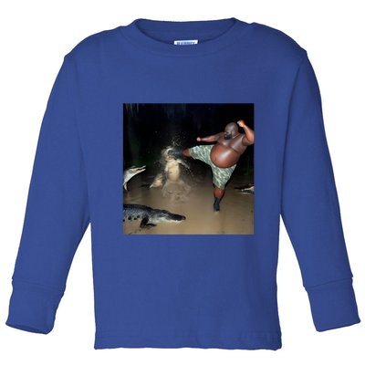 Man Kicking Alligator In Swamp Funny Oddly Specific Meme Toddler Long Sleeve Shirt