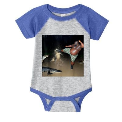 Man Kicking Alligator In Swamp Funny Oddly Specific Meme Infant Baby Jersey Bodysuit