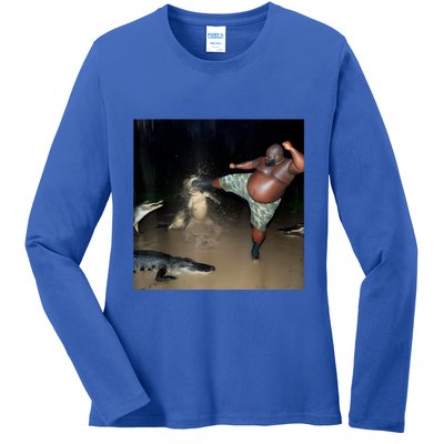 Man Kicking Alligator In Swamp Funny Oddly Specific Meme Ladies Long Sleeve Shirt