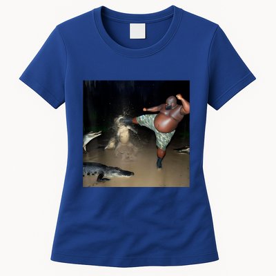 Man Kicking Alligator In Swamp Funny Oddly Specific Meme Womens T-Shirt