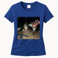 Man Kicking Alligator In Swamp Funny Oddly Specific Meme Womens T-Shirt