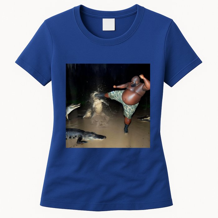 Man Kicking Alligator In Swamp Funny Oddly Specific Meme Womens T-Shirt
