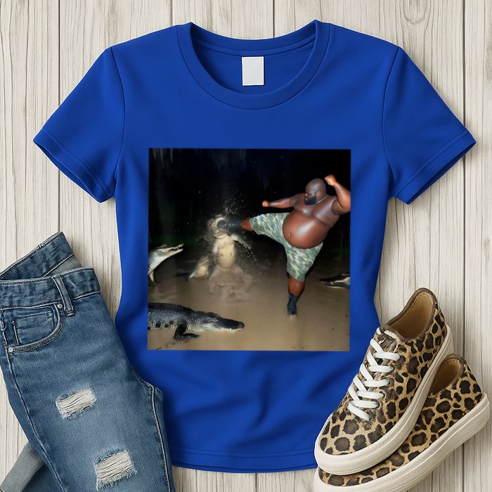 Man Kicking Alligator In Swamp Funny Oddly Specific Meme Womens T-Shirt