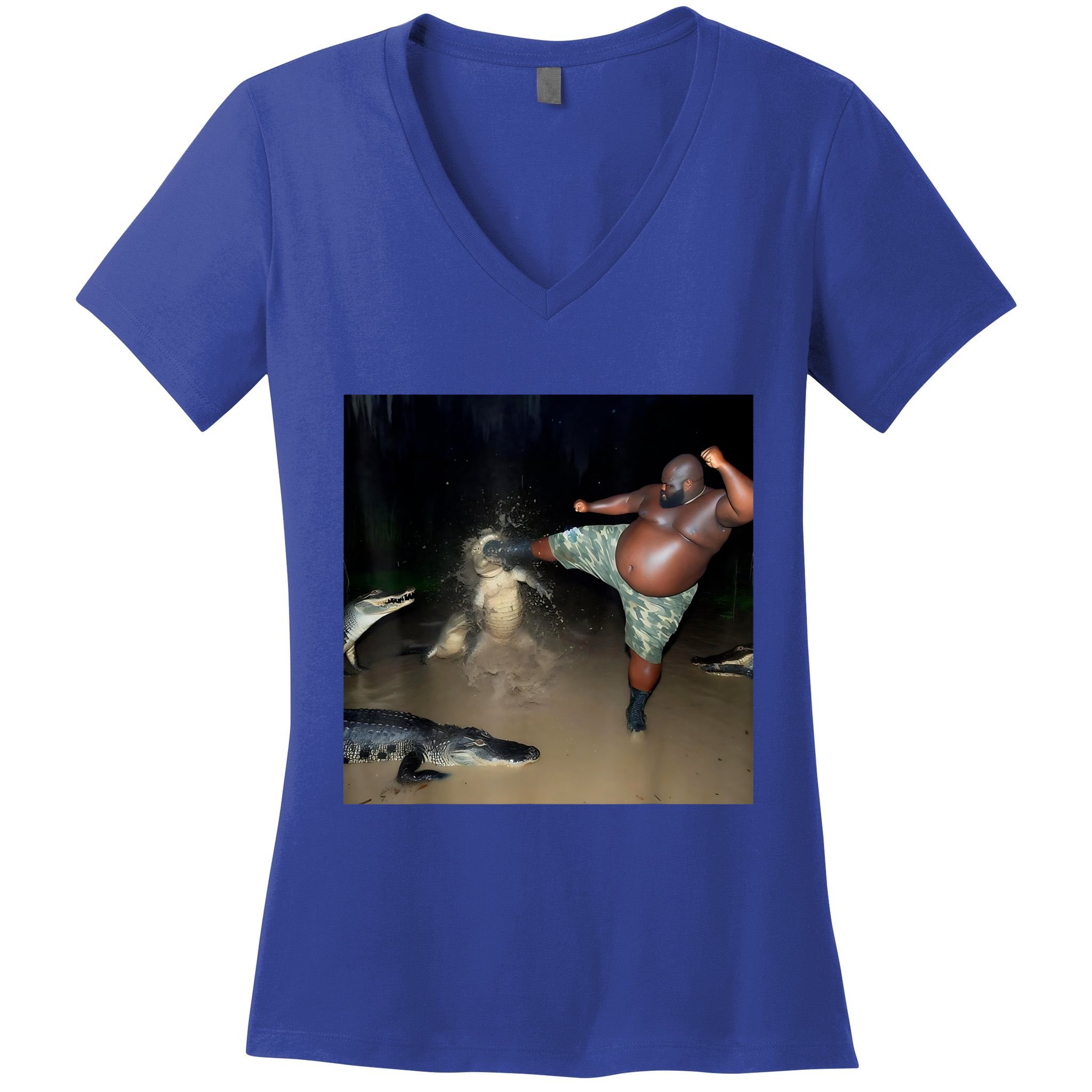 Man Kicking Alligator In Swamp Funny Oddly Specific Meme Women's V-Neck T-Shirt