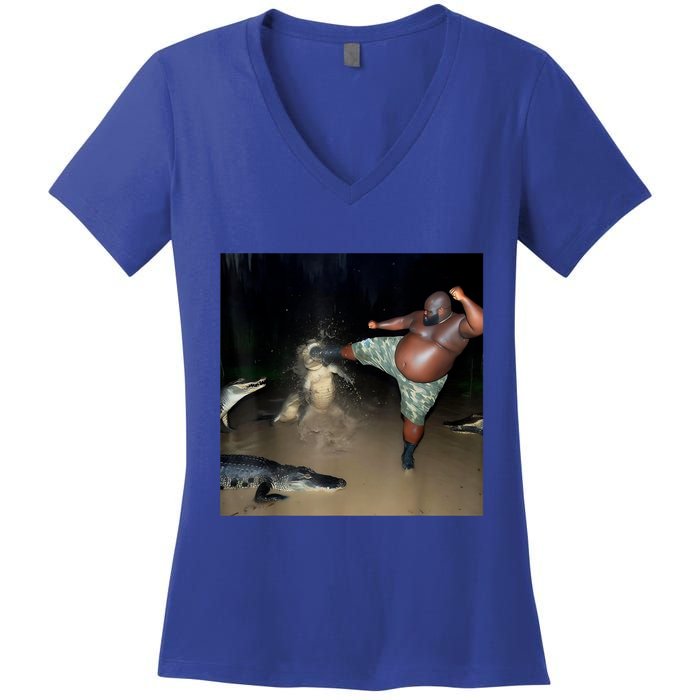 Man Kicking Alligator In Swamp Funny Oddly Specific Meme Women's V-Neck T-Shirt
