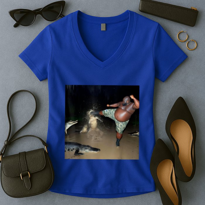Man Kicking Alligator In Swamp Funny Oddly Specific Meme Women's V-Neck T-Shirt