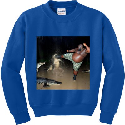 Man Kicking Alligator In Swamp Funny Oddly Specific Meme Kids Sweatshirt