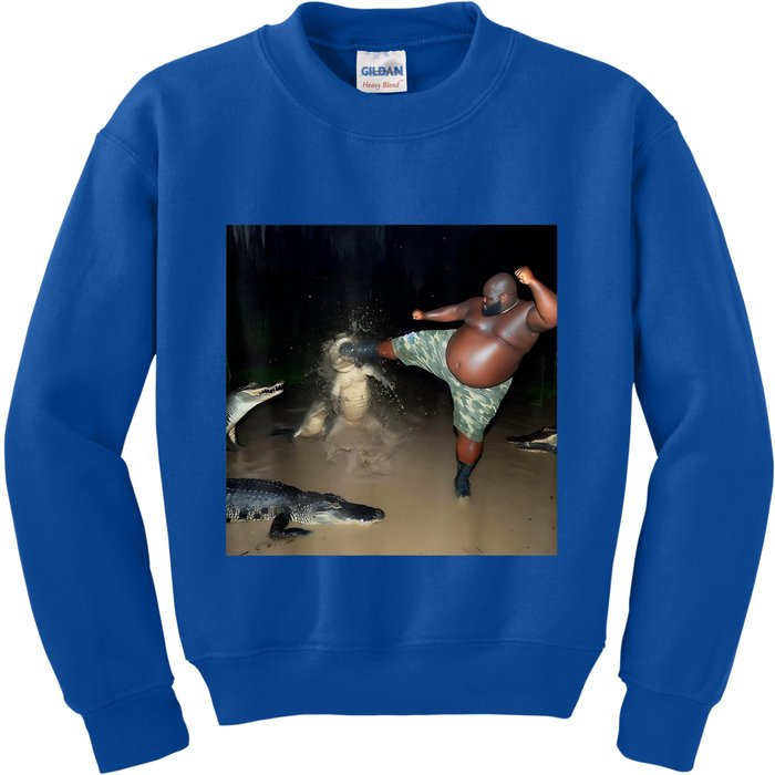Man Kicking Alligator In Swamp Funny Oddly Specific Meme Kids Sweatshirt