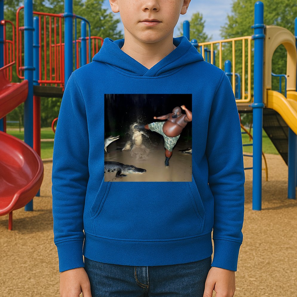 Man Kicking Alligator In Swamp Funny Oddly Specific Meme Kids Hoodie