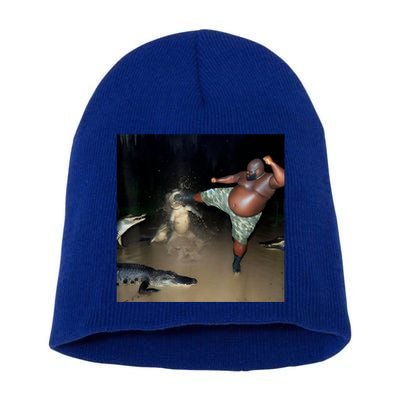 Man Kicking Alligator In Swamp Funny Oddly Specific Meme Short Acrylic Beanie