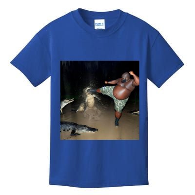 Man Kicking Alligator In Swamp Funny Oddly Specific Meme Kids T-Shirt
