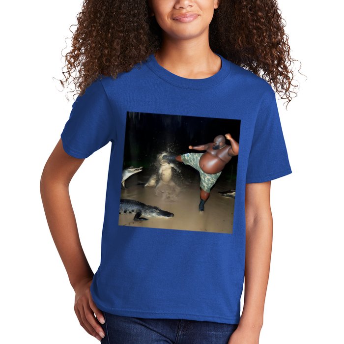 Man Kicking Alligator In Swamp Funny Oddly Specific Meme Kids T-Shirt
