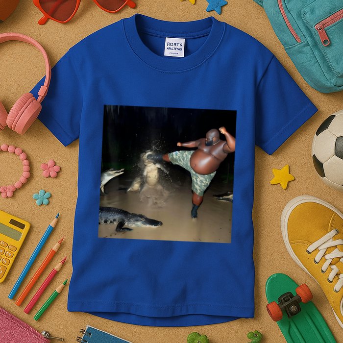 Man Kicking Alligator In Swamp Funny Oddly Specific Meme Kids T-Shirt