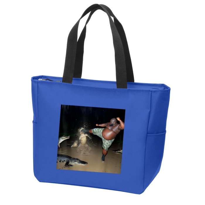 Man Kicking Alligator In Swamp Funny Oddly Specific Meme Zip Tote Bag