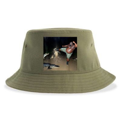 Man Kicking Alligator In Swamp Funny Oddly Specific Meme Sustainable Bucket Hat