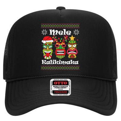 Mele Kalikimaka Christmas Hawaiian Santa Tiki Ugly Xmas High Crown Mesh Back Trucker Hat