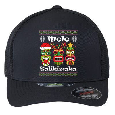 Mele Kalikimaka Christmas Hawaiian Santa Tiki Ugly Xmas Flexfit Unipanel Trucker Cap