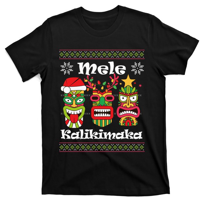 Mele Kalikimaka Christmas Hawaiian Santa Tiki Ugly Xmas T-Shirt