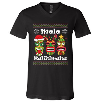 Mele Kalikimaka Christmas Hawaiian Santa Tiki Ugly Xmas V-Neck T-Shirt