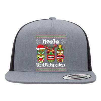 Mele Kalikimaka Christmas Hawaiian Santa Tiki Ugly Xmas Flat Bill Trucker Hat