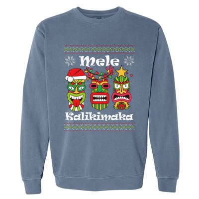 Mele Kalikimaka Christmas Hawaiian Santa Tiki Ugly Xmas Garment-Dyed Sweatshirt