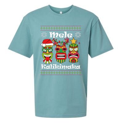 Mele Kalikimaka Christmas Hawaiian Santa Tiki Ugly Xmas Sueded Cloud Jersey T-Shirt