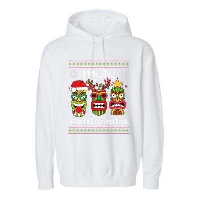 Mele Kalikimaka Christmas Hawaiian Santa Tiki Ugly Xmas Garment-Dyed Fleece Hoodie