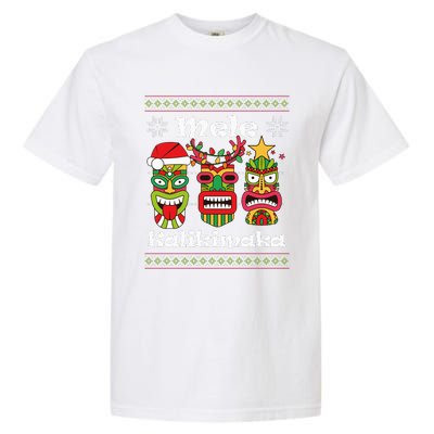 Mele Kalikimaka Christmas Hawaiian Santa Tiki Ugly Xmas Garment-Dyed Heavyweight T-Shirt