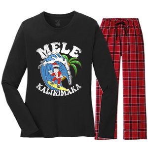 Mele Kalikimaka Christmas Surf Santa Surfing Hawaii Women's Long Sleeve Flannel Pajama Set 