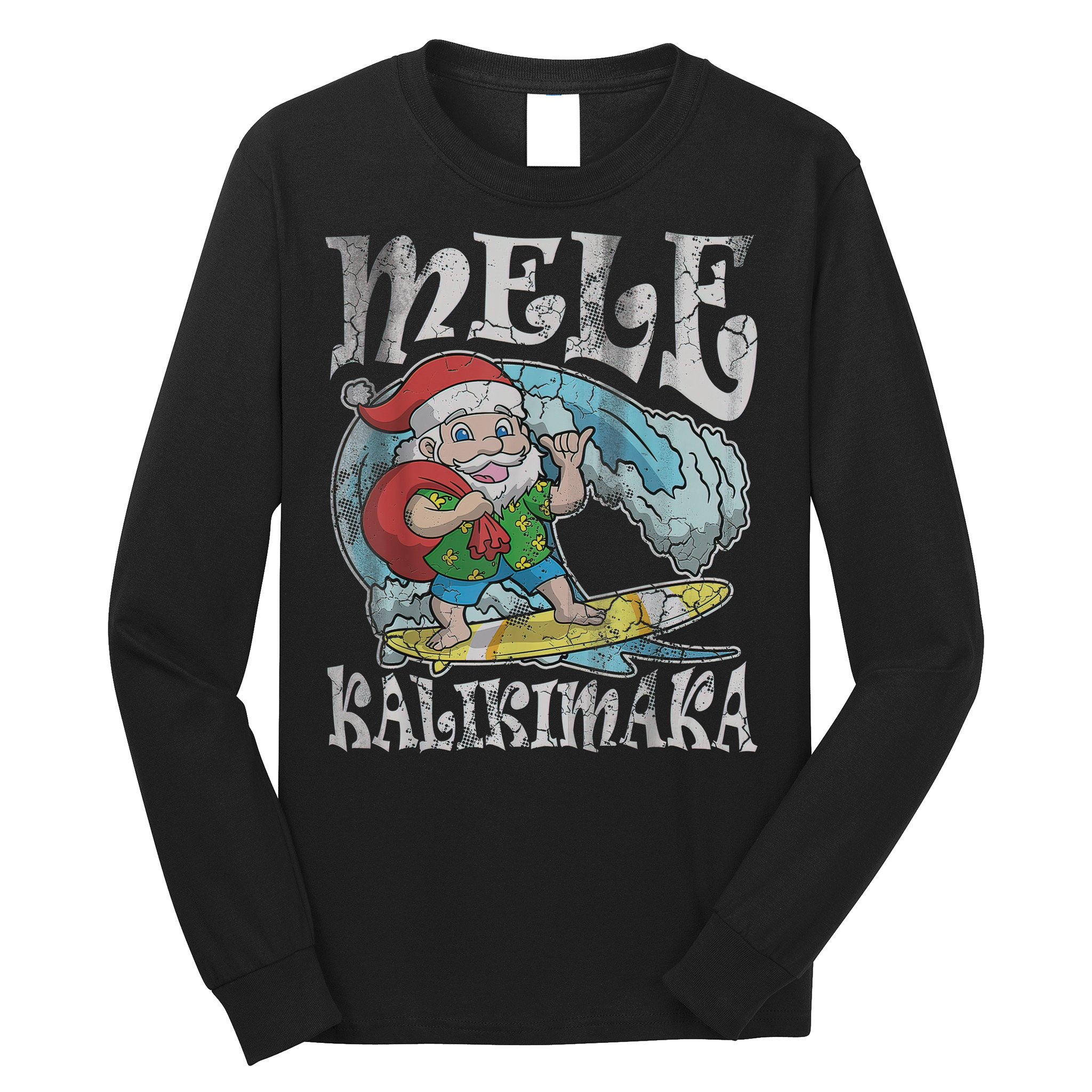 Mele Kalikimaka Christmas Santa Claus Hawaii Surfing Long Sleeve Shirt