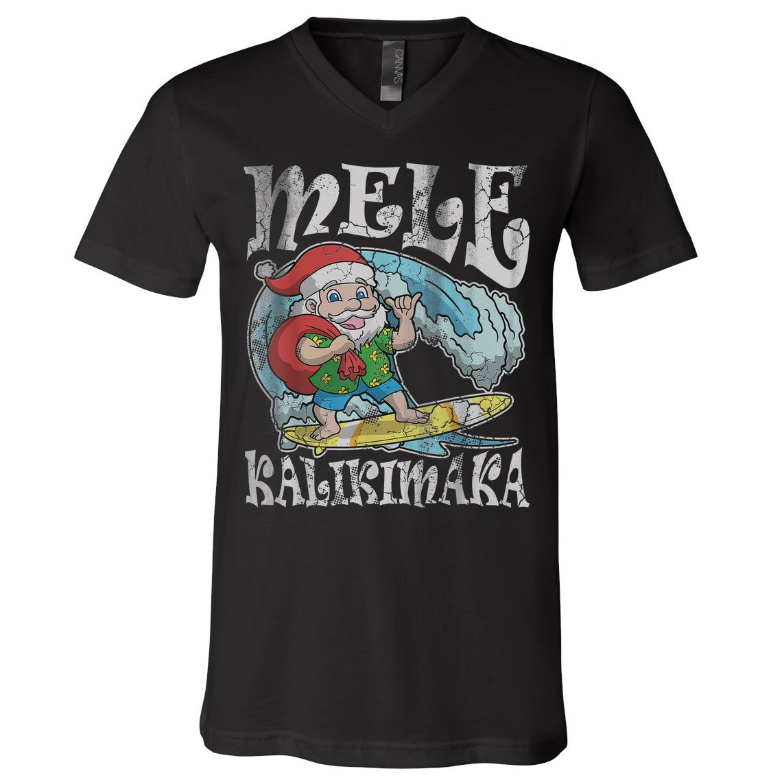 Mele Kalikimaka Christmas Santa Claus Hawaii Surfing V-Neck T-Shirt