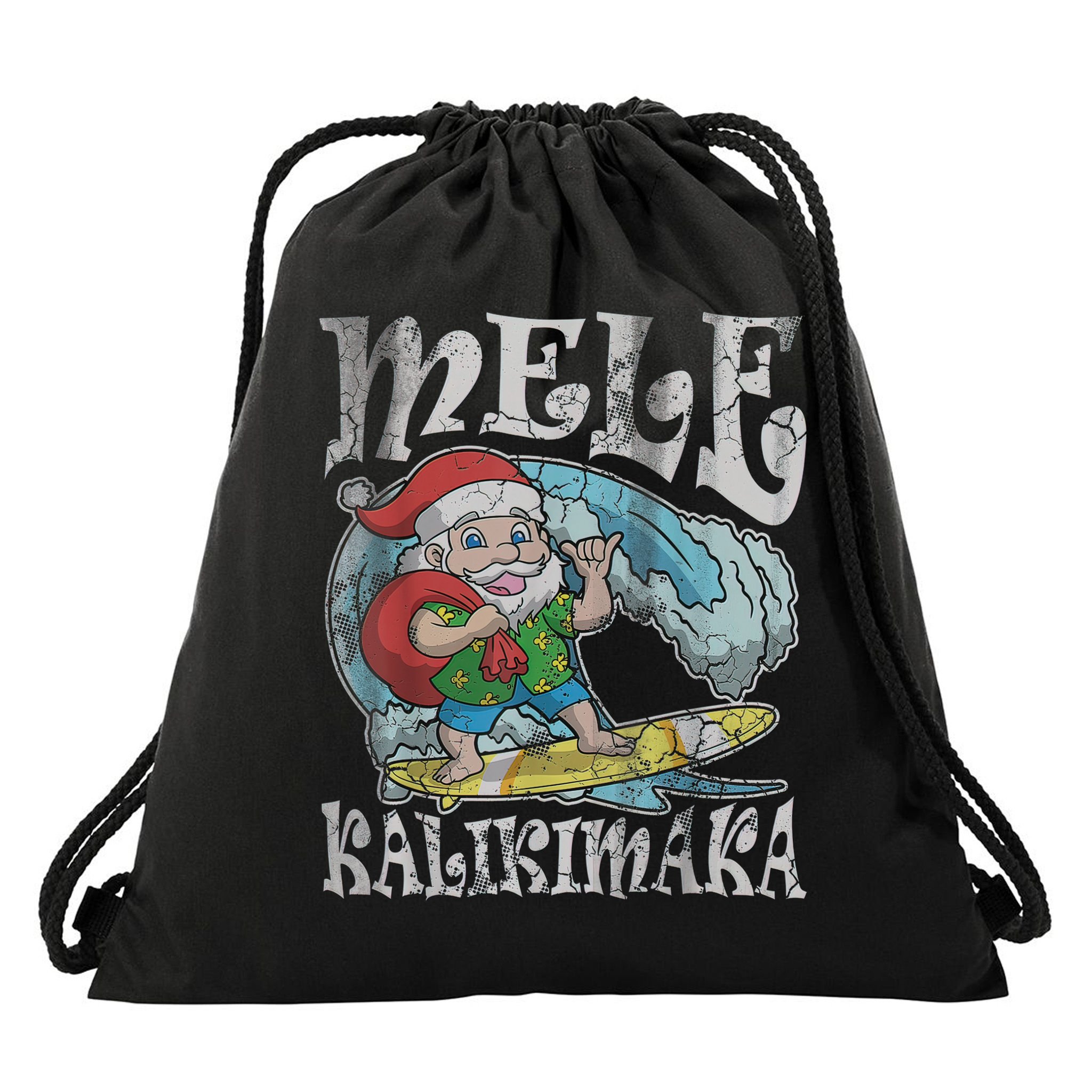Mele Kalikimaka Christmas Santa Claus Hawaii Surfing Drawstring Bag