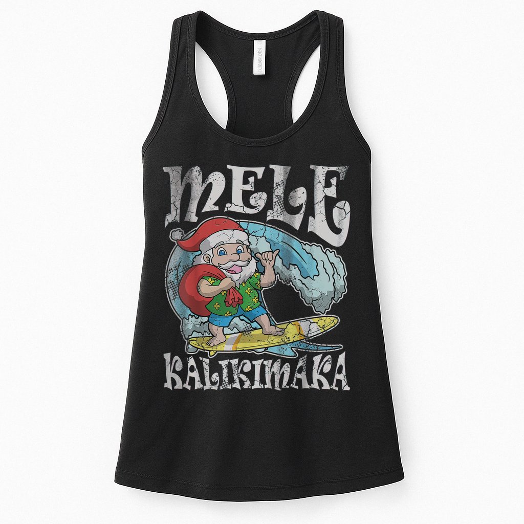 Mele Kalikimaka Christmas Santa Claus Hawaii Surfing Womens Tank Top